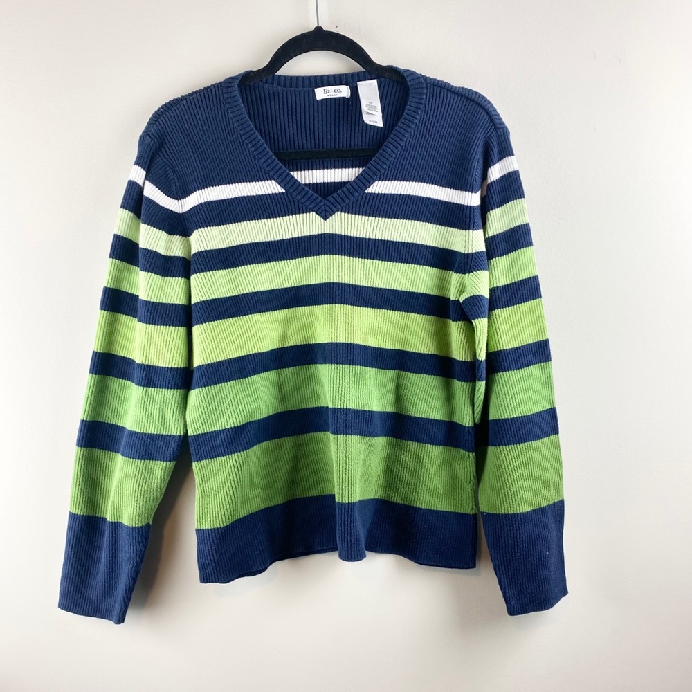Liz & Co Green White & Blue Striped V-Neck Sweater